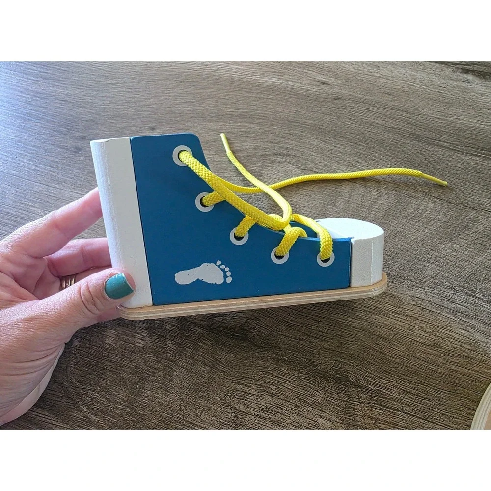 Wooden Shoe Tying Educational Lacing Wooden Toy clock with shape sorting Toddler